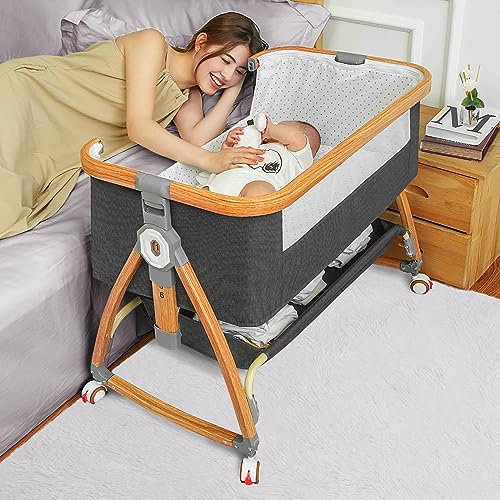 Bedside Bassinet with Wheels and Storage Basket Q252