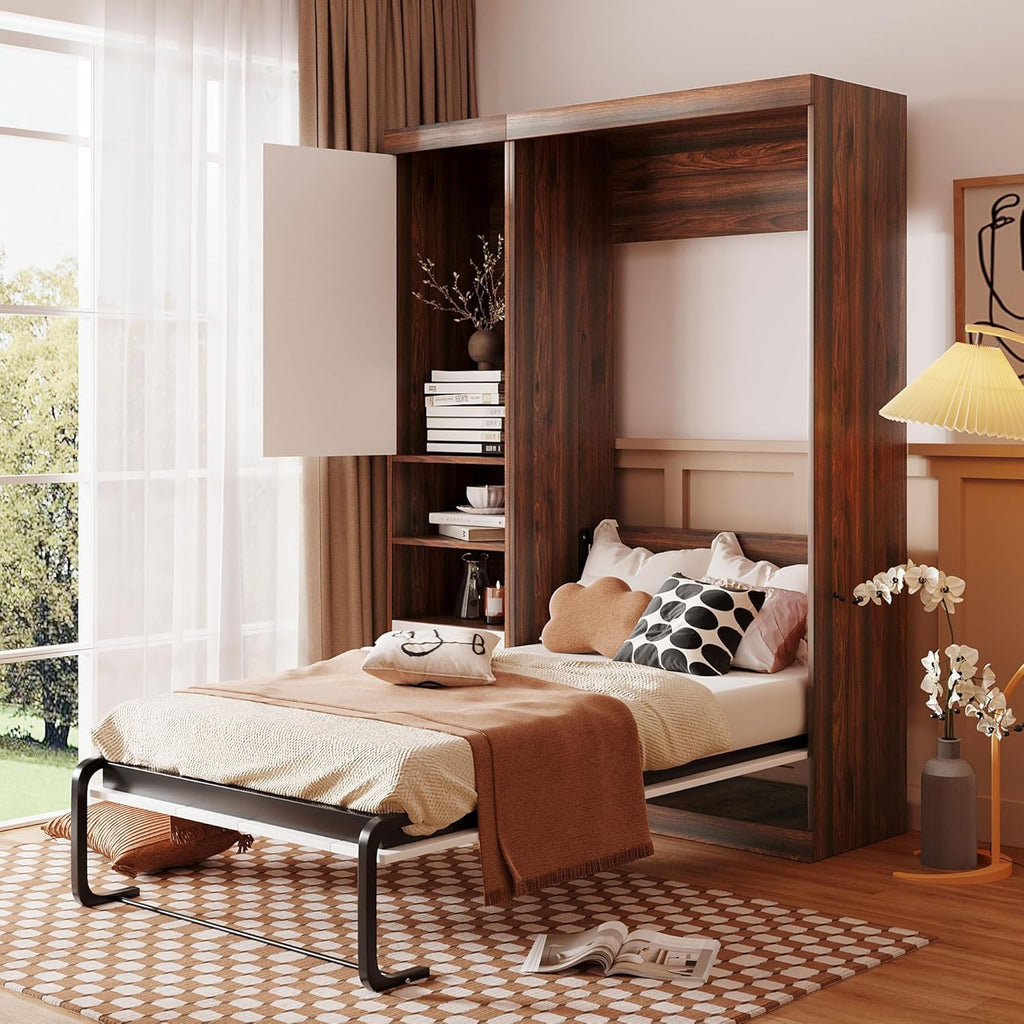 White Twin Size Wooden Murphy Wall Bed with Cabinet and Storage Drawers E838