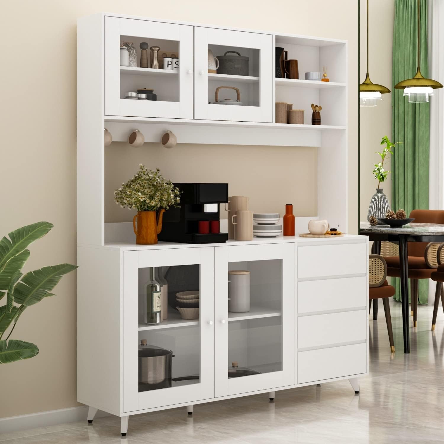 63"W 74.8"W Buffet with Hutch, Freestanding Kitchen Pantry Oak/White M7651