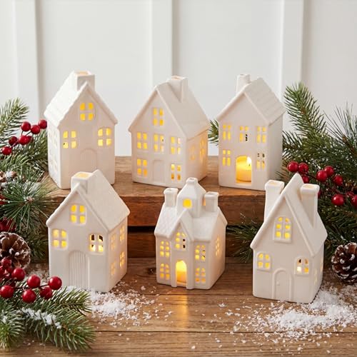 Set of 6 White Ceramic Christmas Village Houses V8349