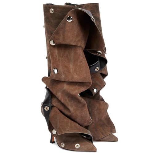 Black Knee High Stiletto Pointed Toe High Heels Wide Calf Ruched Slouchy Boots Y729
