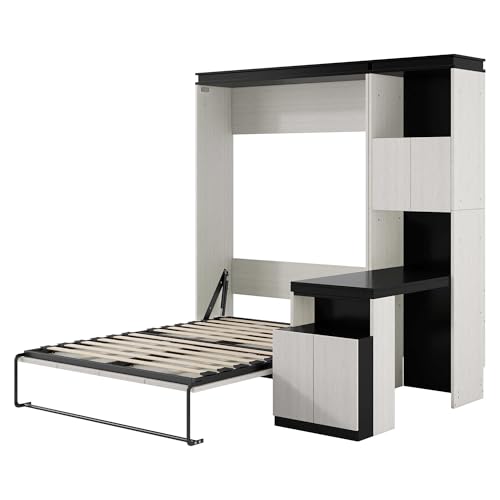 White Wood Full Murphy Bed with Desk and Storage Shelves J91448