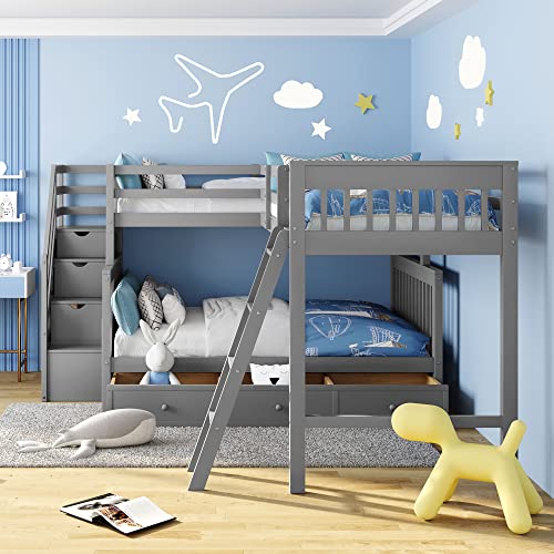 Gray Wooden Triple Bunk Bed with Storage Drawers J157060