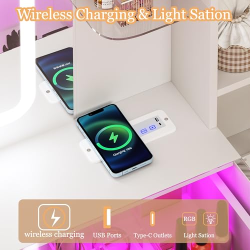 White 43" Vanity Desk with Mirror and LED Lights, Glass Top, Wireless Charging, RGB Drawers, 3 Colors Light, Power Outlet N86268