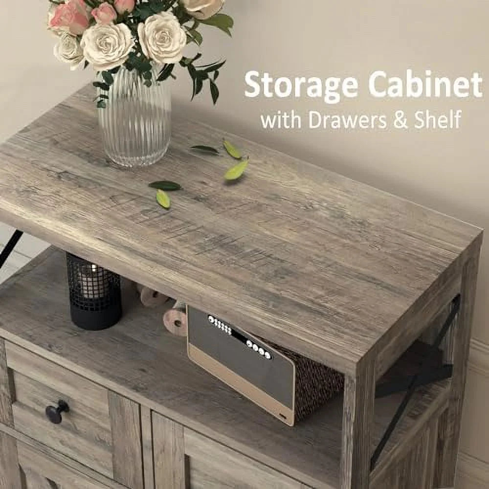 Farmhouse Cabinet with Drawers and Freestanding Kitchen Pantry Floor Cabinet Hutch Cupboard Rustic Grey P4572