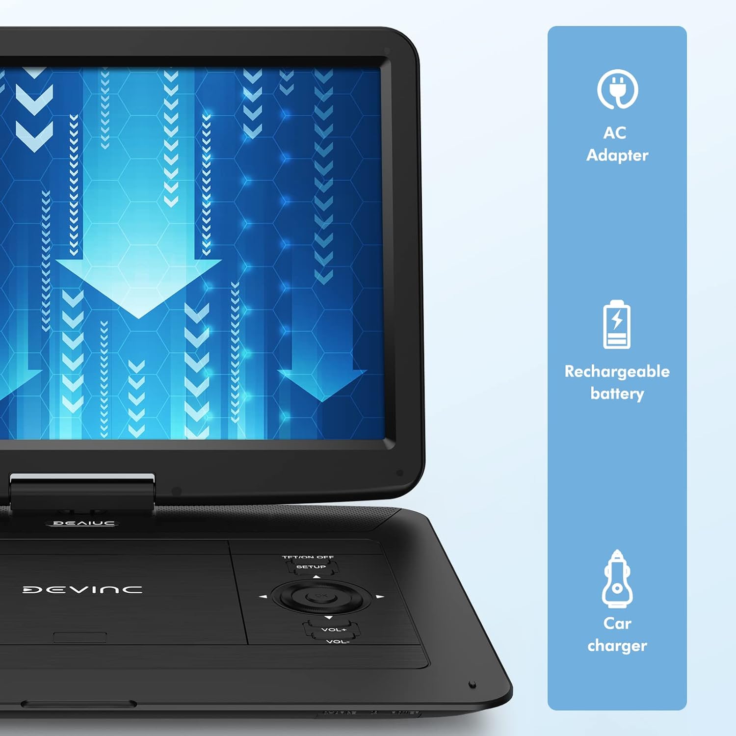 17.9" Portable DVD Player with 15.6" HD Swivel Screen, Rechargeable Battery, Remote Control K7404