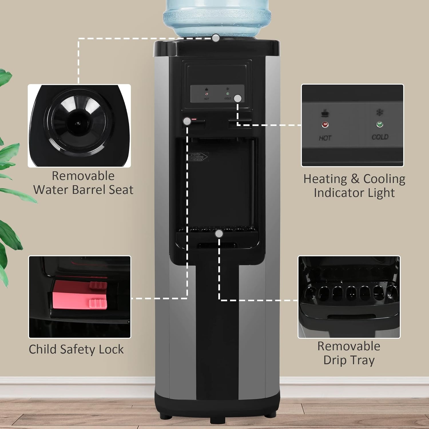 Black Stainless Steel Top Loading Water Cooler Dispenser for 3 & 5 Gallon Bottles N807050