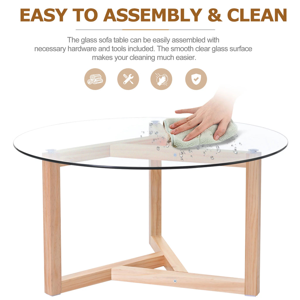 Round Glass Coffee Table with Tempered Glass Top & Wood Base F4419