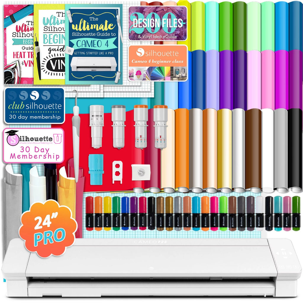 24" Silhouette Cameo 4 PRO with Advanced Blade Pack, 38 Sheets Vinyl, HTV, Pens W417
