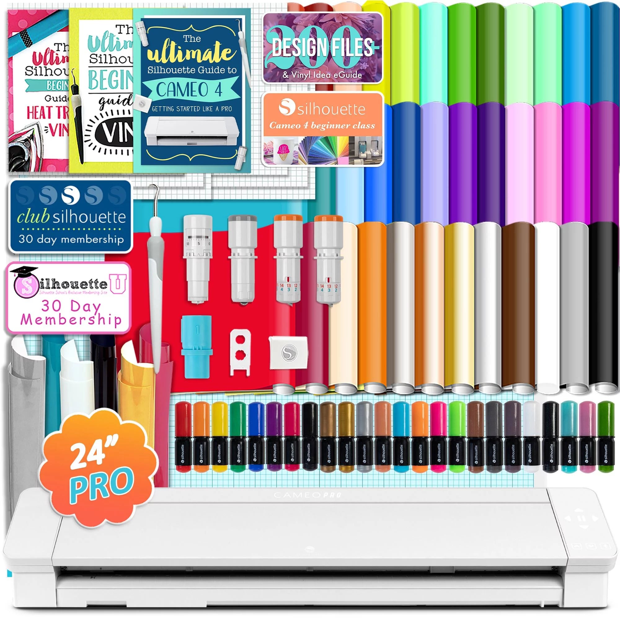 24" Silhouette Cameo 4 PRO with Advanced Blade Pack, 38 Sheets Vinyl, HTV, Pens W417