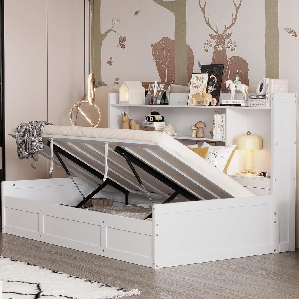White Twin Size Daybed with Storage Bookcases and USB Charging Station K198