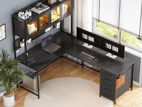 Rustic Brown L Shaped Gaming Desk with Drawers, Hutch, Storage Shelves, Pegboard, Led Lights, and Power Outlet K519434