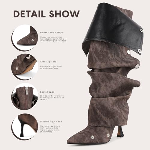 Black Knee High Stiletto Pointed Toe High Heels Wide Calf Ruched Slouchy Boots Y729