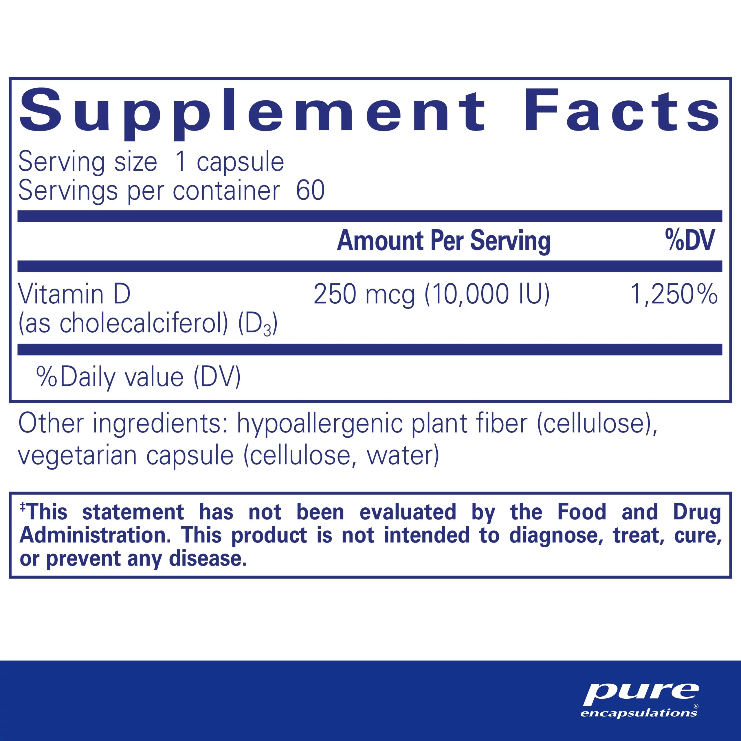 Vitamin D3 250 mcg (10,000 IU) Supplement, 60 Capsules Y6137