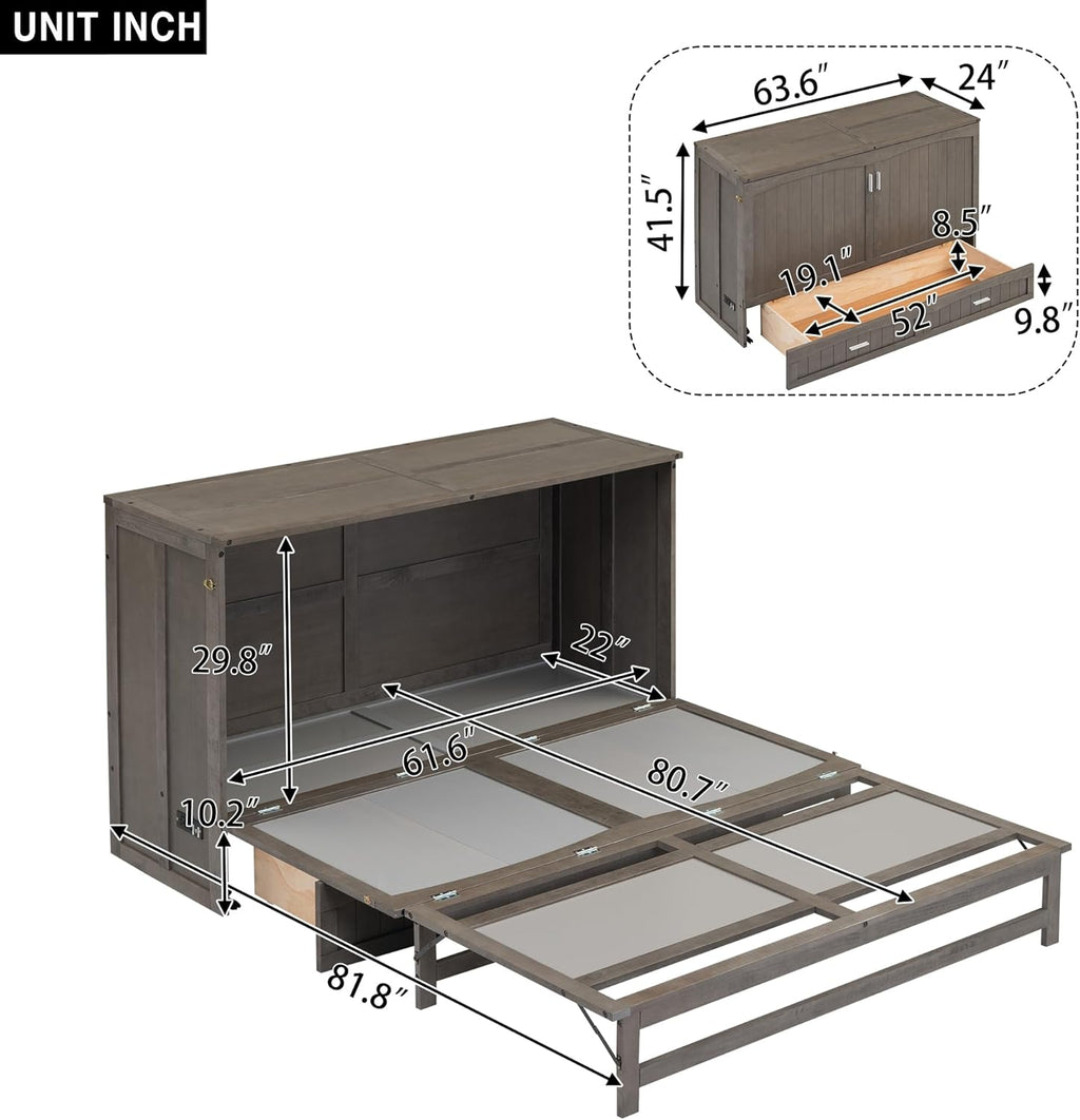 Queen Murphy Bed Cabinet with Drawer and Charging Station M633