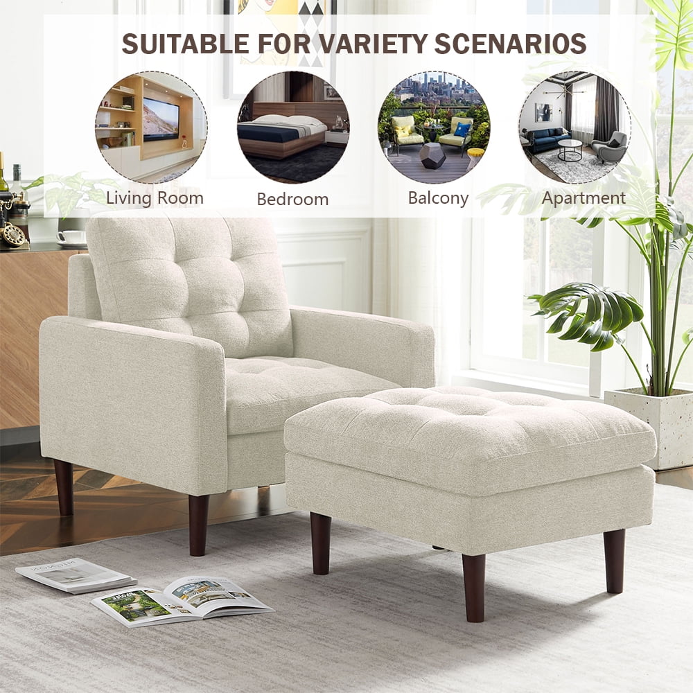 Beige Fabric Accent Chair with Ottoman and Solid Wood Legs P213482