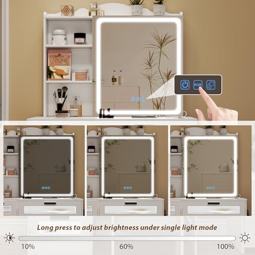White Vanity Desk with Mirror and Lights, 5 Drawers V208640