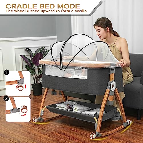 Bedside Bassinet with Wheels and Storage Basket Q252