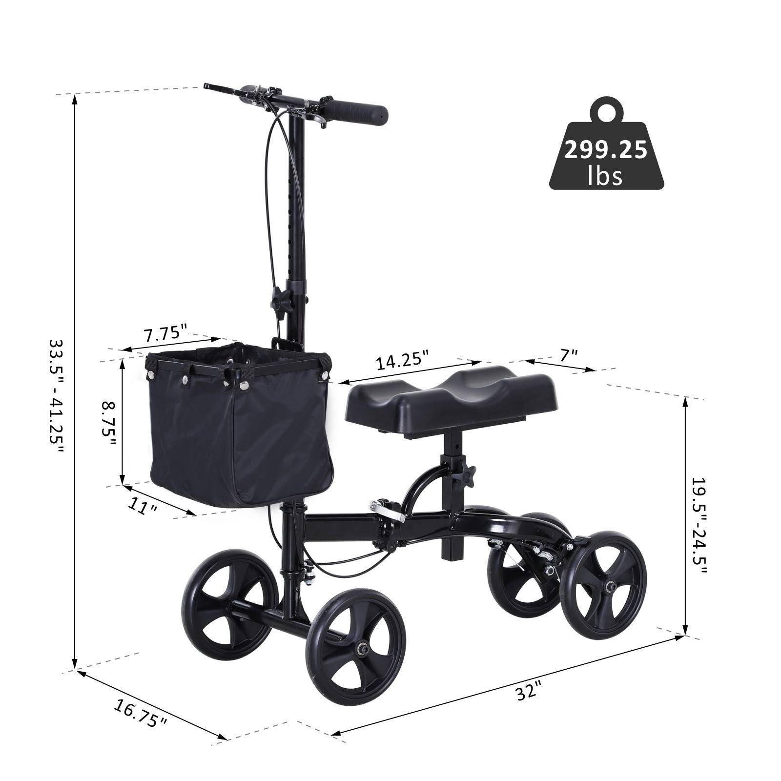 Black Foldable Knee Walker Scooter with Basket N58354