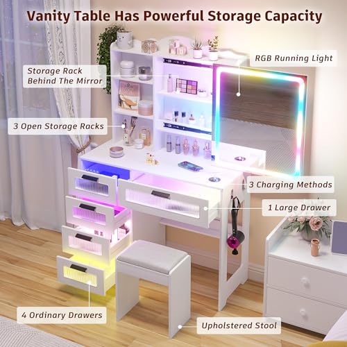White Vanity Desk with Mirror and Lights, 5 Drawers V208640