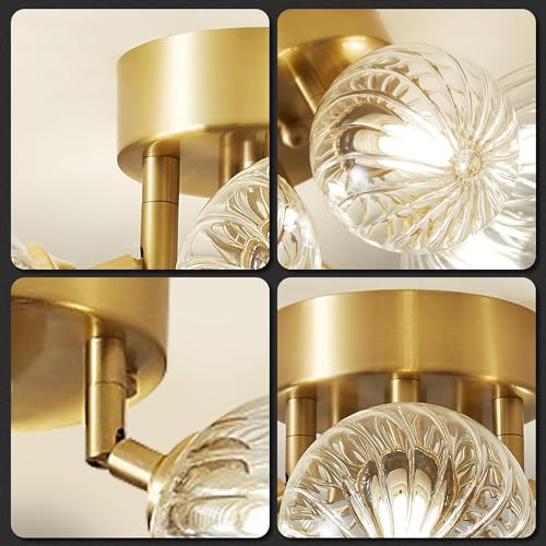 13" 4-Light Gild Brass Clear Ripple Blown Glass Globe Semi Flush Mount Chandelier G9329