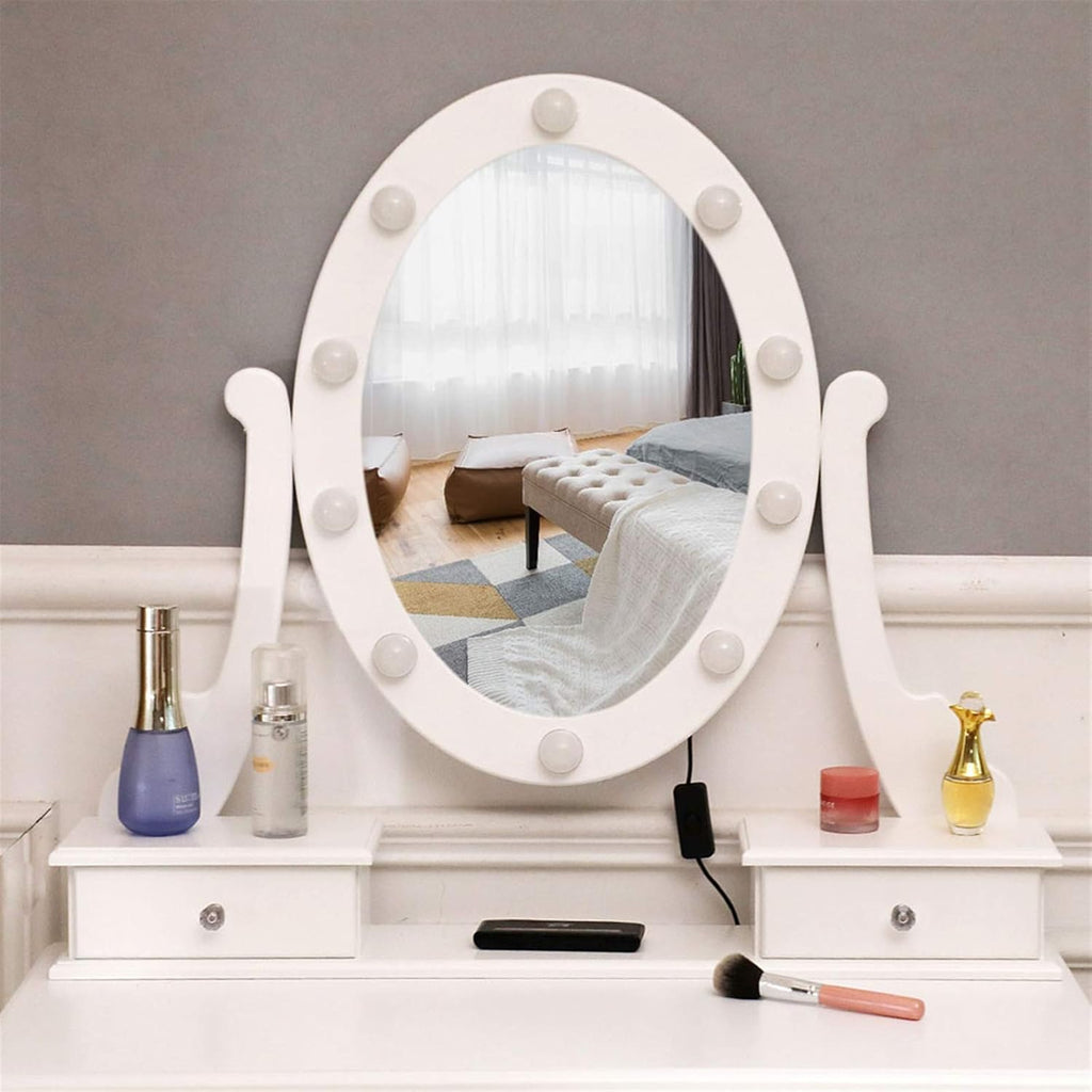 White Lighted Makeup Vanity Set with 10 Light Bulbs and 5 Sliding Drawers K122494