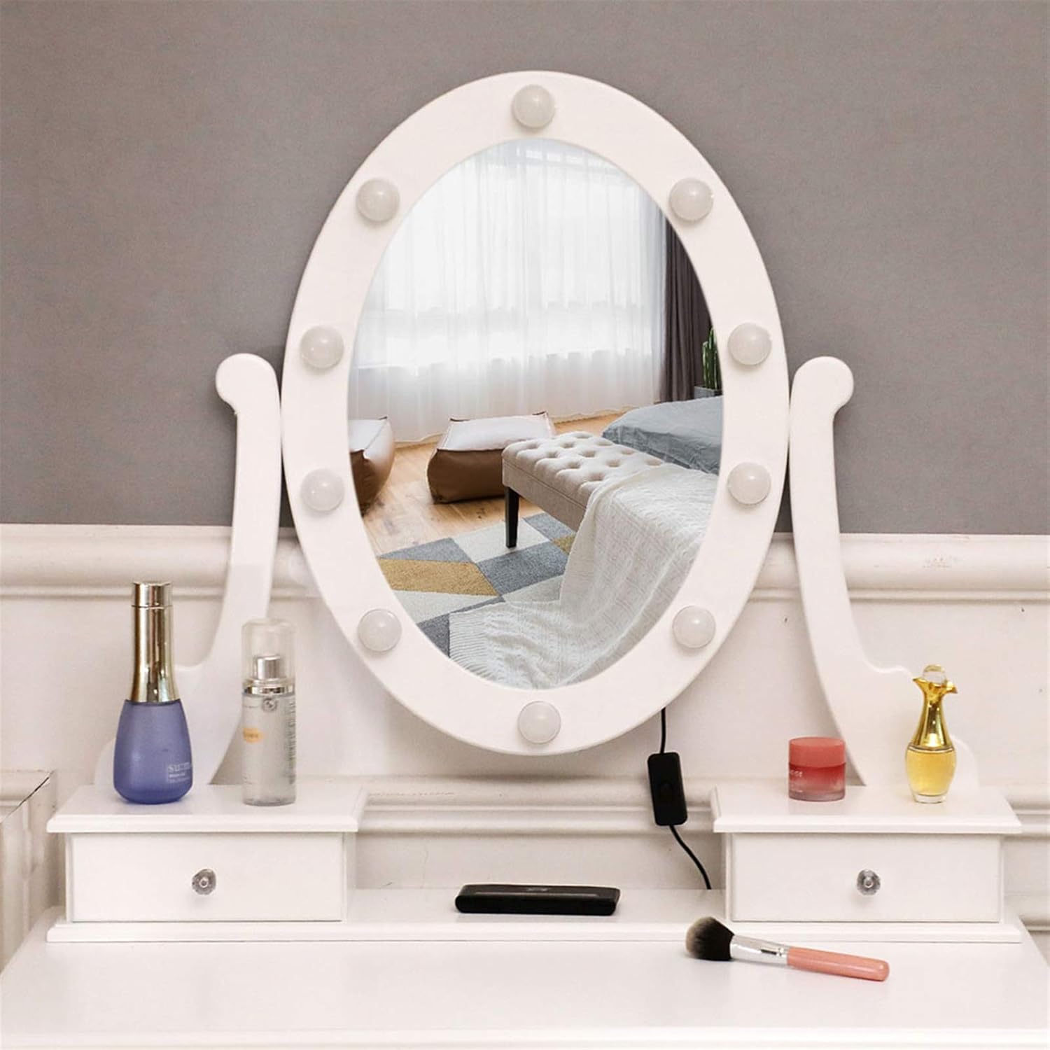 White Lighted Makeup Vanity Set with 10 Light Bulbs and 5 Sliding Drawers K122494