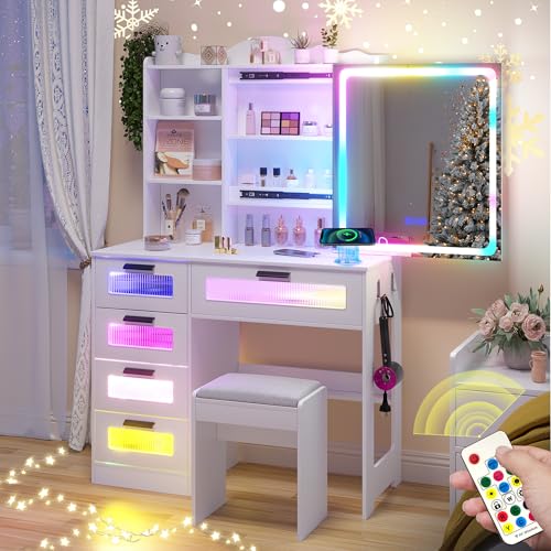 White Vanity Desk with Mirror and Lights, 5 Drawers V208640