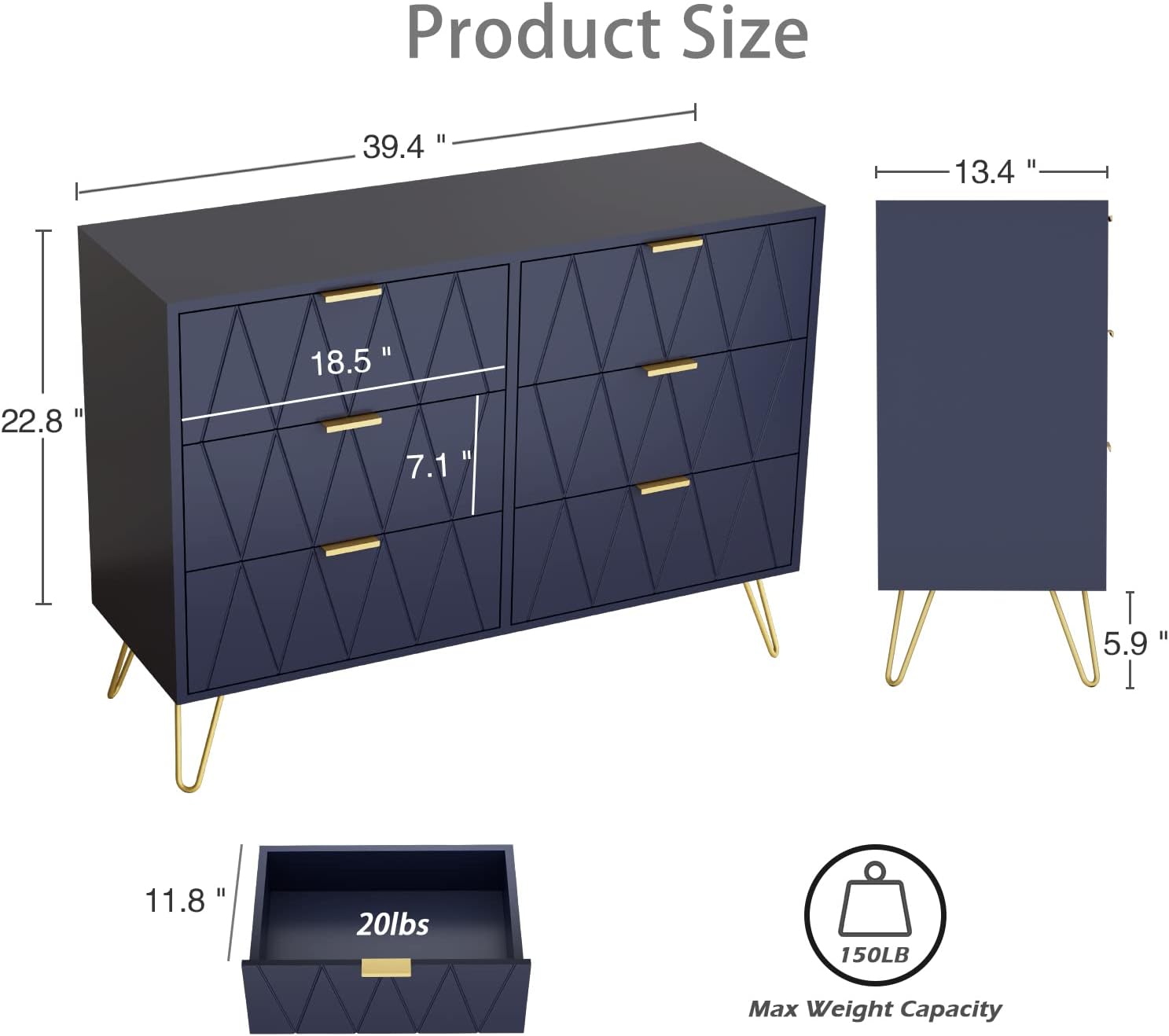 Navy Blue 6 Drawer Dresser J1269