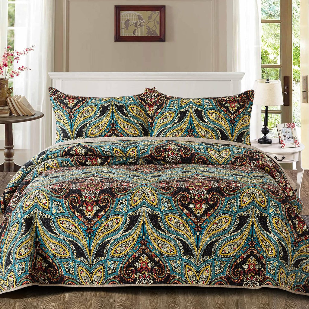 Cotton Bedspread Quilt Set, Reversible Patchwork Coverlet Z20205