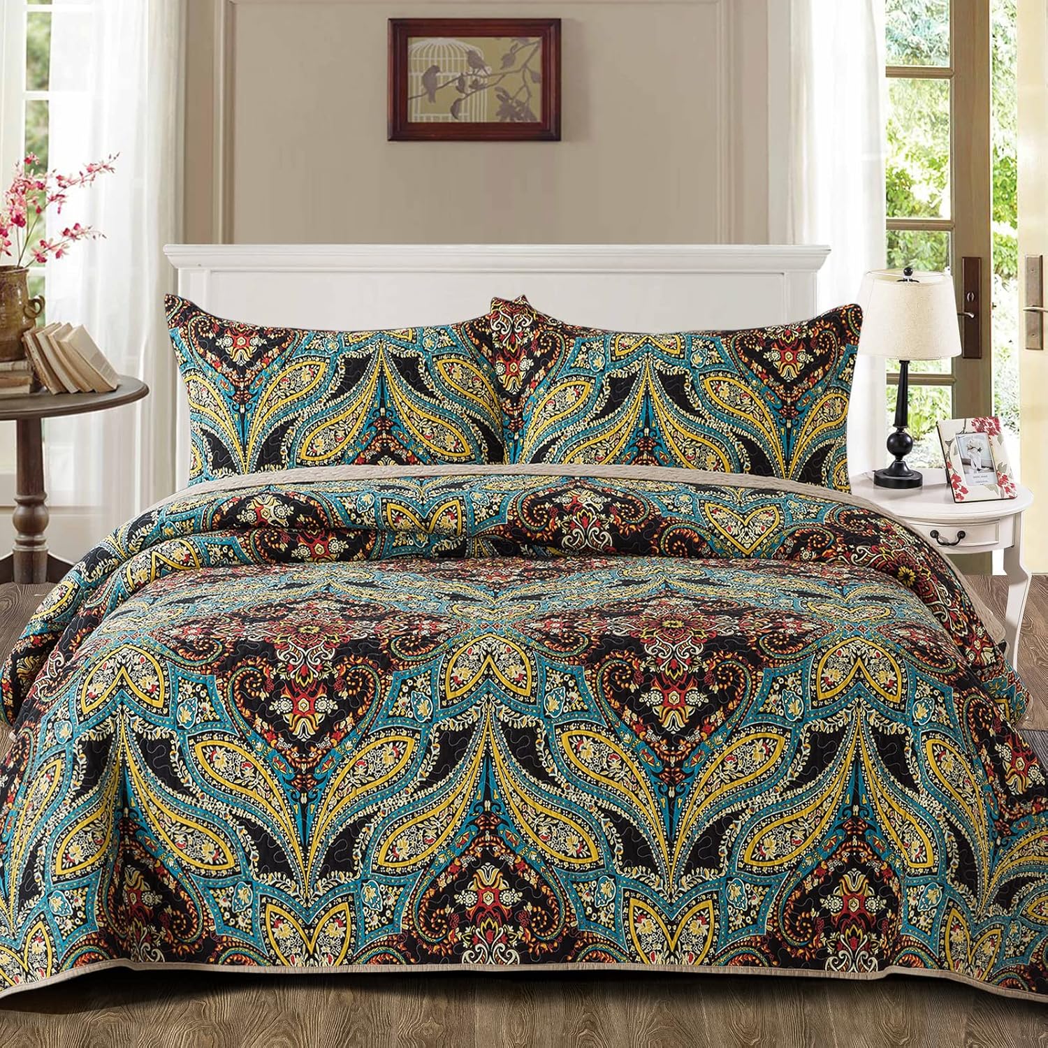 Cotton Bedspread Quilt Set, Reversible Patchwork Coverlet Z20205