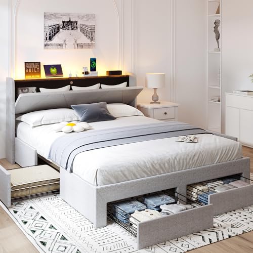 Queen Bed Frame with Storage Headboard & 4 Drawers, LED Upholstered, Light Grey Y2049