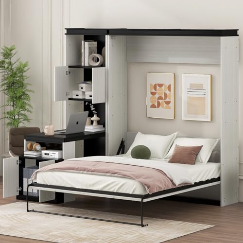 White Wood Full Murphy Bed with Desk and Storage Shelves J91448