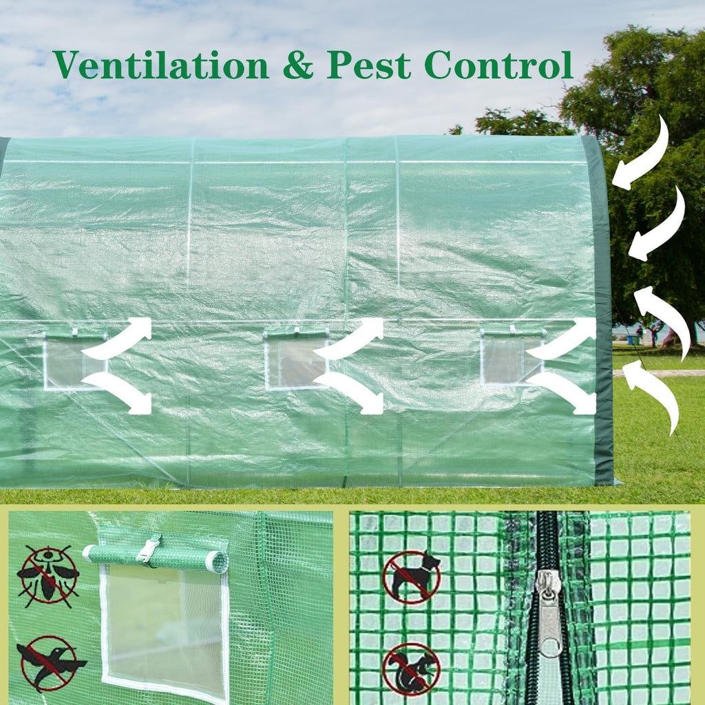 12 x 7 x 7ft Portable Walk-in Tunnel Greenhouse with 2 Zippered Doors 6 Screen Windows K66951