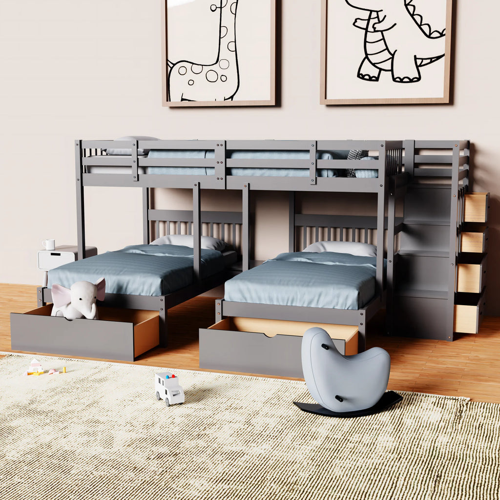White Wood Triple Bunk Bed with Drawers and Guardrails R31357