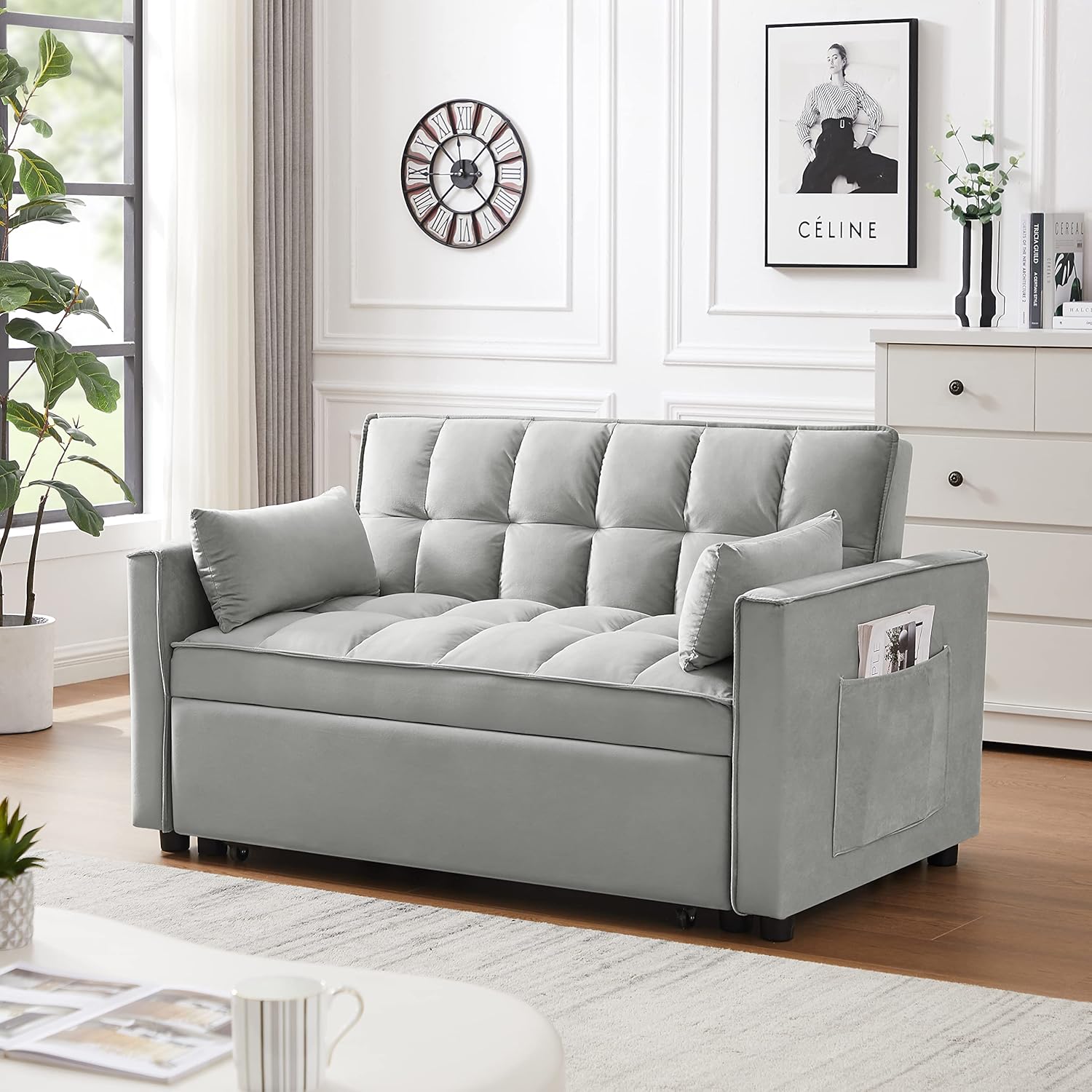 Gray Velvet Loveseat Sofa with Pullout Bed Q30708