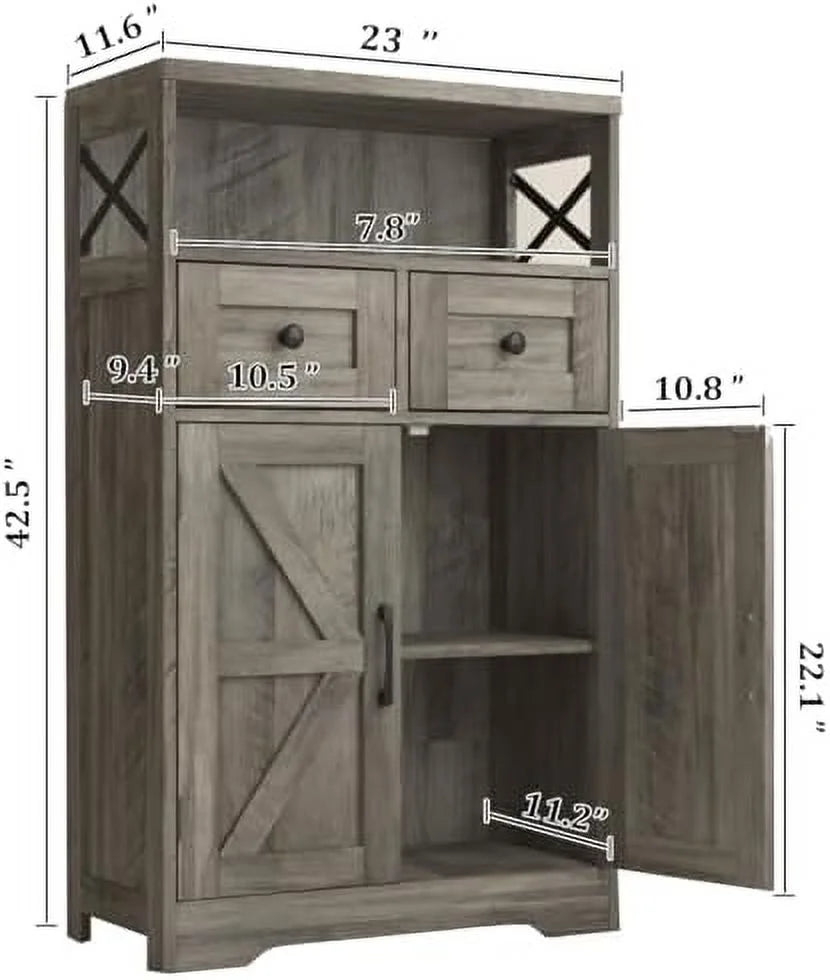Farmhouse Cabinet with Drawers and Freestanding Kitchen Pantry Floor Cabinet Hutch Cupboard Rustic Grey P4572