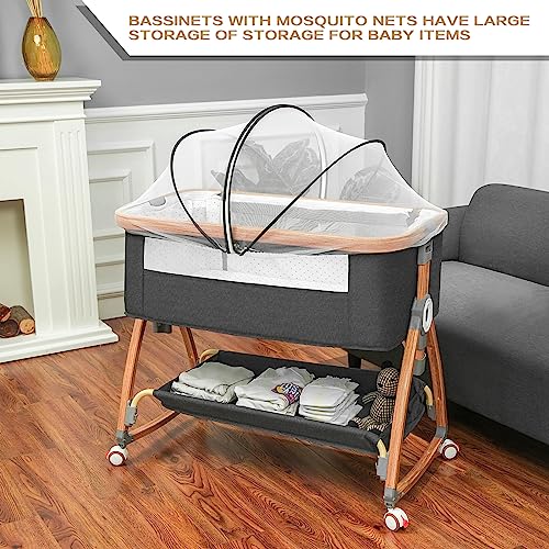 Bedside Bassinet with Wheels and Storage Basket Q252