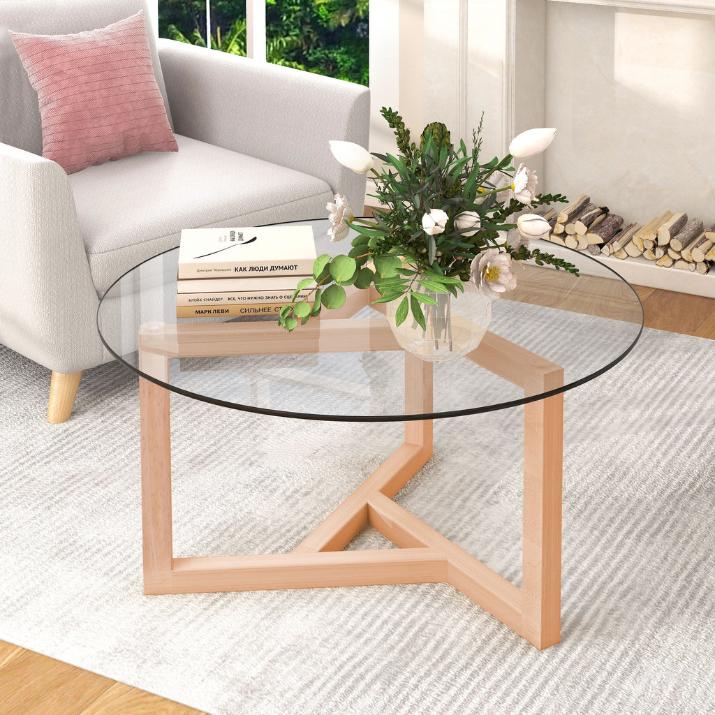 Round Glass Coffee Table with Tempered Glass Top & Wood Base F4419