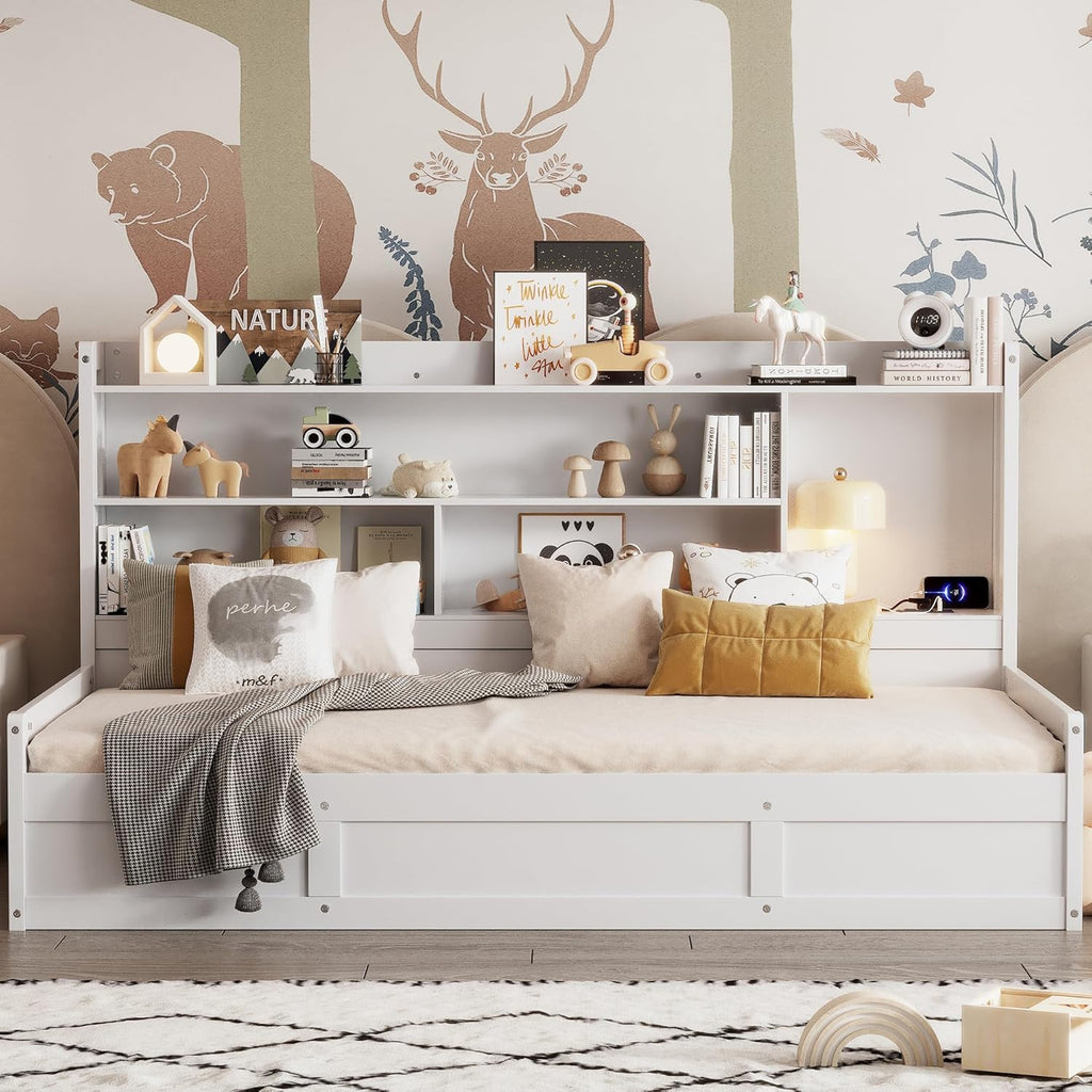 White Twin Size Daybed with Storage Bookcases and USB Charging Station K198