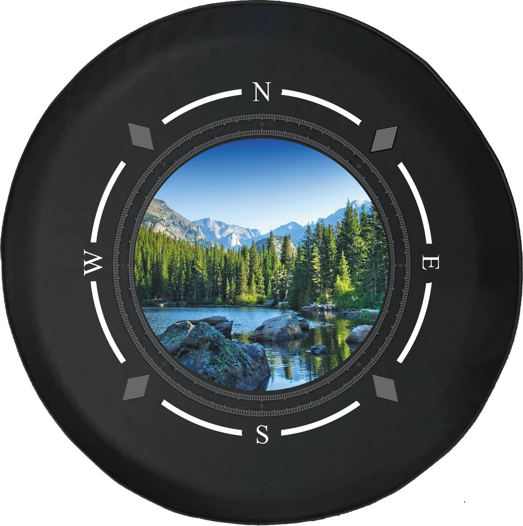 Compass Rocky Mountain Pines Tree line Lake Wheel Covers W19391