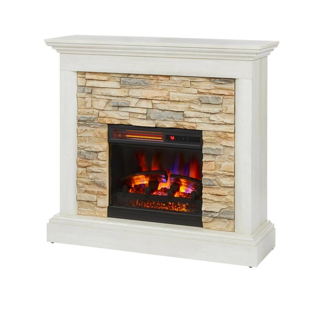 Tan Freestanding Electric Fireplace with Faux Stone H233029