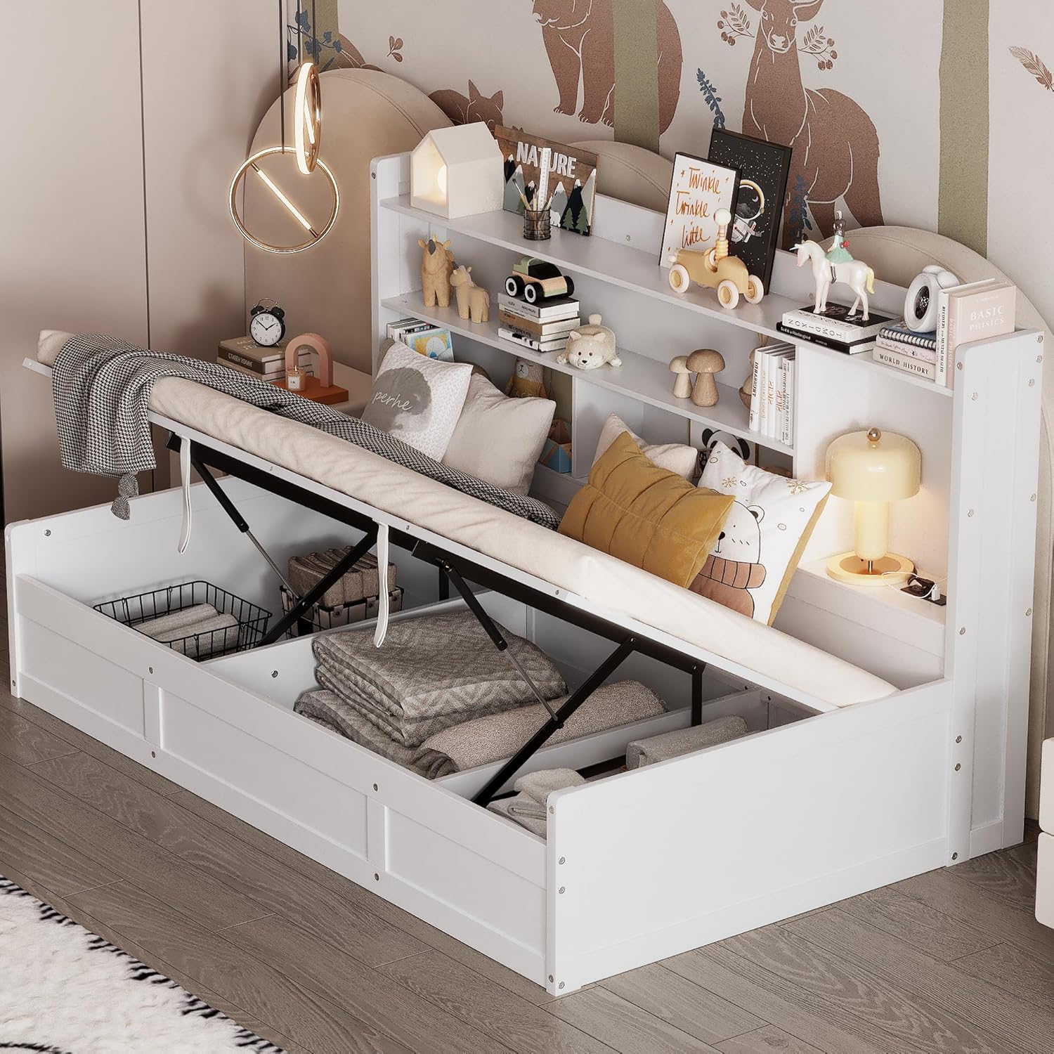 White Twin Size Daybed with Storage Bookcases and USB Charging Station K198