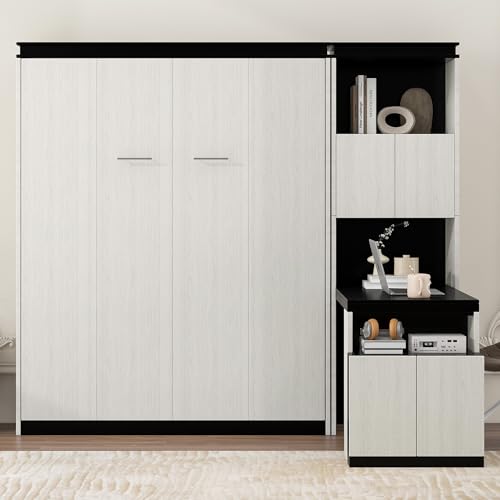 White Wood Full Murphy Bed with Desk and Storage Shelves J91448