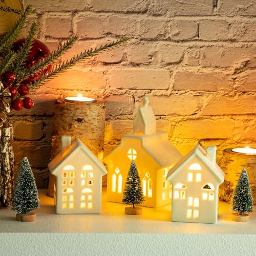 7PCS Christmas Village Sets - 3 LED Lighted Ceramic White Christmas Village Houses with Remote & 4 Trees W538