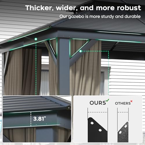 Hardtop Gazebo 10x12FT, Heavy Duty Metal Pavilion with 4.92'' Square Pillar, Aluminum Wood Grain Outdoor Gazebos Double Roof, Patio Gazebo with Curtain & Netting T734474