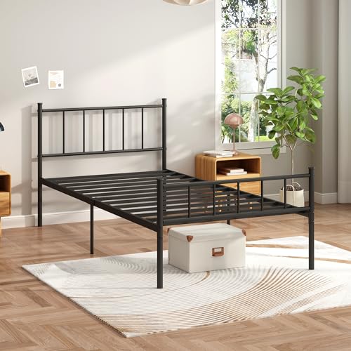 Black Metal Twin Size Platform Bed Frame with Headboard and Footboard T710036