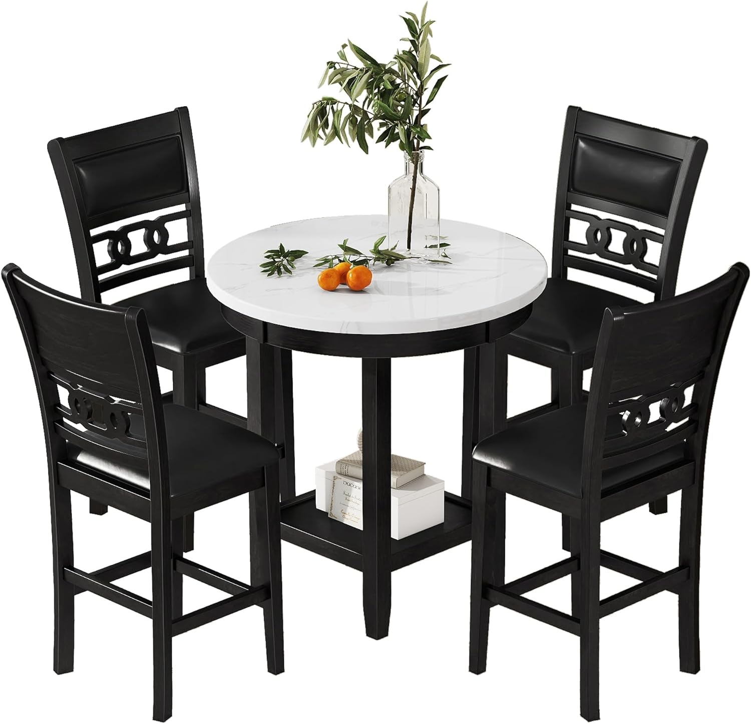 5-piece Counter Height Dining Round Table Set with Faux Marble Top and Four PU-leather Chairs, Dark Espresso Y730691