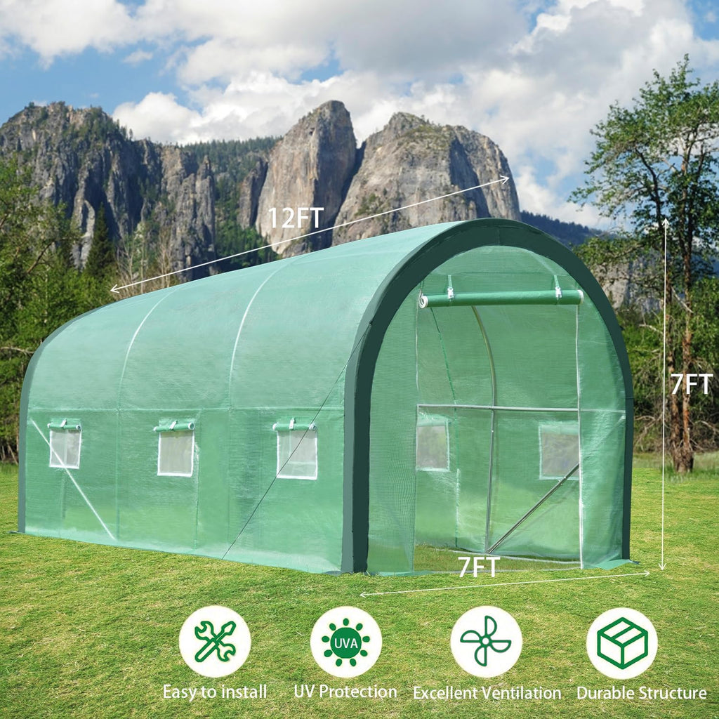 12 x 7 x 7ft Portable Walk-in Tunnel Greenhouse with 2 Zippered Doors 6 Screen Windows K66951