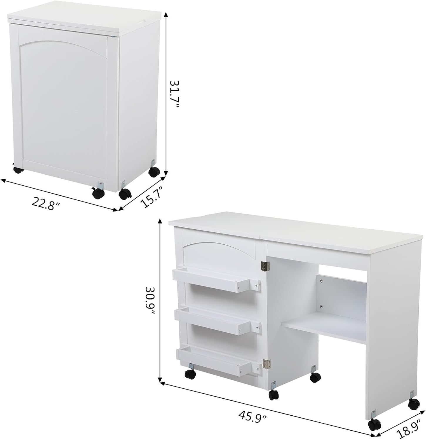 White Folding Sewing Craft Cart with Storage Shelves and Lockable Casters O78634